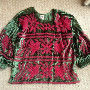 Sister Mary green velvet top with pink embroidery. Size S/M. Never worn.